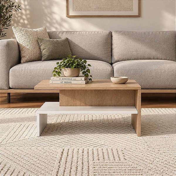 Mesa de Centro Mezza Branca com Carvalho para Sala e Quarto