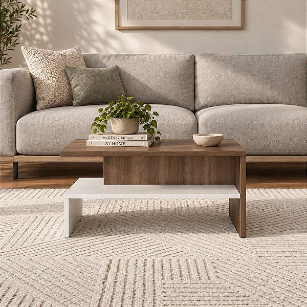 Mesa de Centro Mezza Branco com Nogal para Sala e Quarto