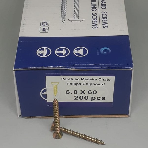 PARAFUSO CHIPBOARD CABEÇA CHATA BICROMATIZADO 6,0X60MM C/200 UNIDADES