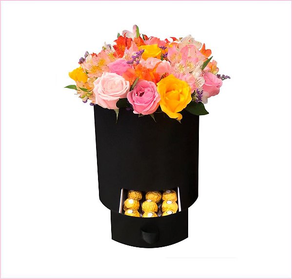 Caixa redonda com gaveta para flores Coleção Paris - Cor preta