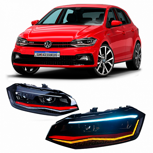 Farol Bi-Xenon Volkswagem Polo MK6 2017 até 2022 Modelo GTS Vermelho