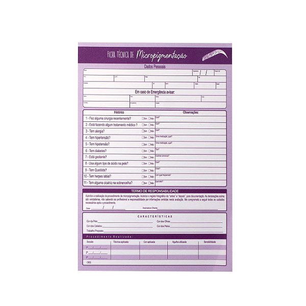 Ficha de Anamnese para Micropigmentação C/100 Folhas