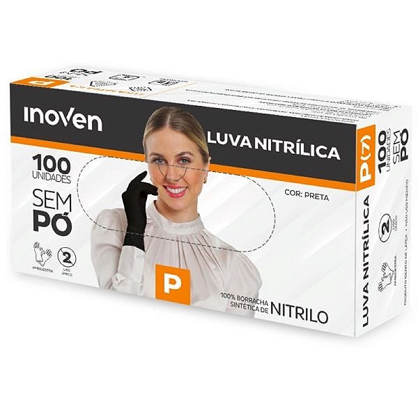 Luva Nitrílica Preta Sem Pó Tamanho P Inoven Caixa com 100 Unidades