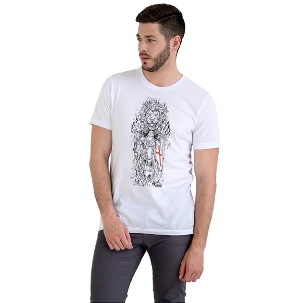 Camiseta Branca Masculina - Cavaleiro e Leão