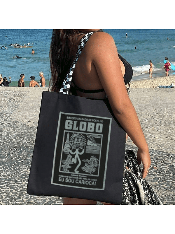 Bolsa Ecobag 100% algodão Black Estampa GLOBO (Alça xadrez)