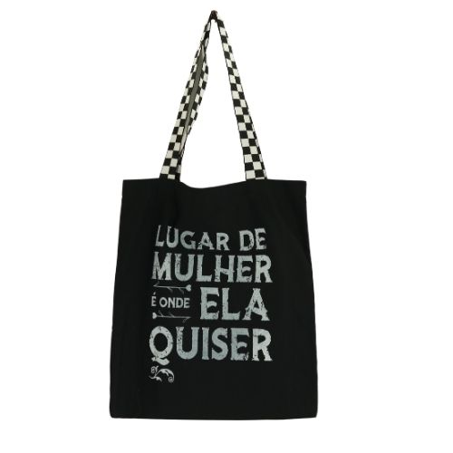Bolsa Ecobag 100% algodão Black Estampa LUGAR DE MULHER (Alça xadrez)