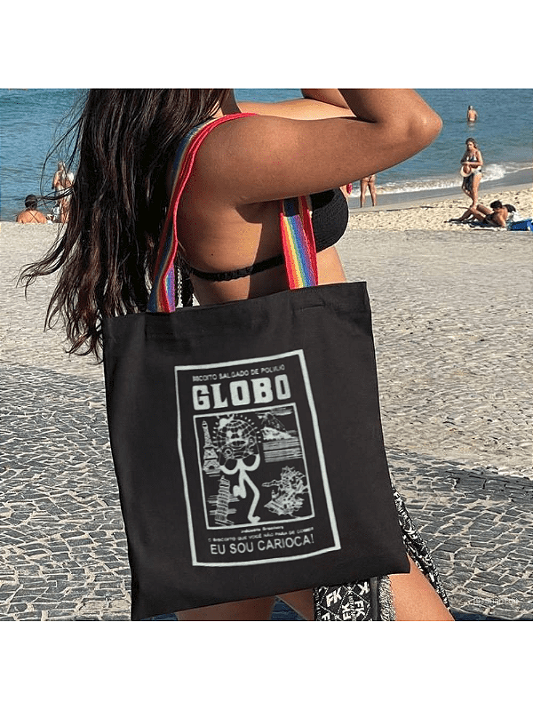Bolsa Ecobag 100% algodão Black Estampa GLOBO (Alça arco-íris)