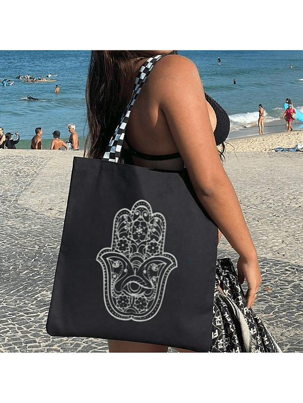 Bolsa Ecobag 100% algodão Black Estampa HAMSÁ (Alça xadrez)
