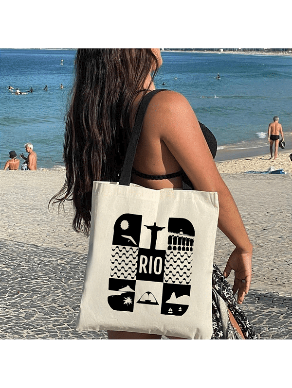 Bolsa Ecobag  100% algodão Estampa  RIO SUN (Alça preta)