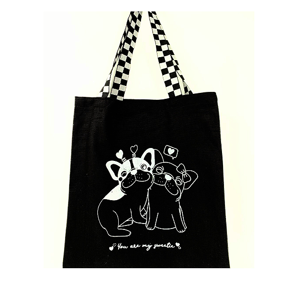 Bolsa Ecobag 100% algodão Black Estampa LOVE DOGS (xadrez)