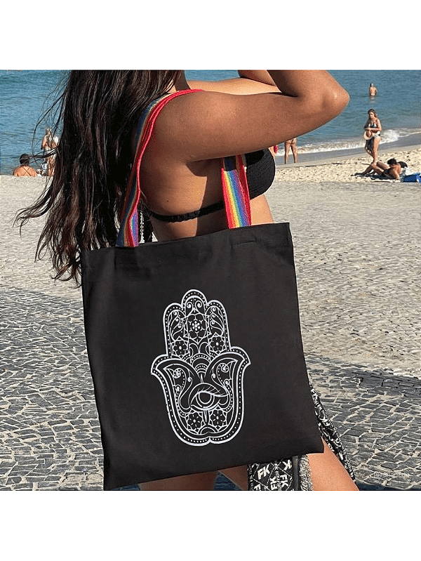 Bolsa Ecobag  100% algodão Black Estampa HAMSÁ (colorida)