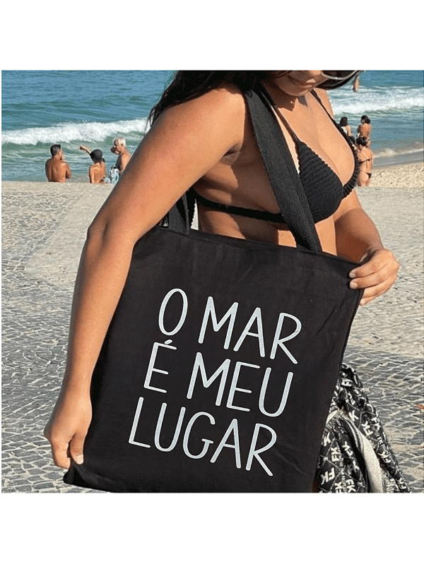 Bolsa Ecobag  100% algodão Black estampa MAR É MEU LUGAR