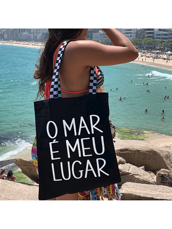 Bolsa Ecobag  100% algodão Black Xadrez estampa MAR É MEU LUGAR