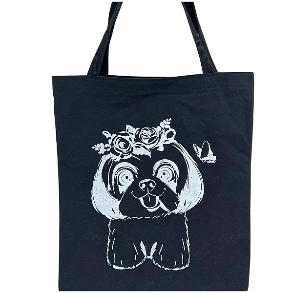 Bolsa Ecobag  100% algodão Estampa DOG FLOWER Black