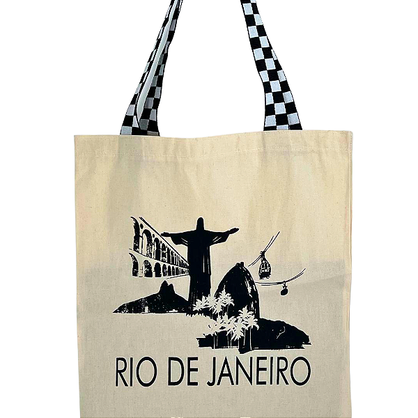 Bolsa Feminina Ecobag 100% algodão Pontos Turisticos RJ (Alça xadrez)