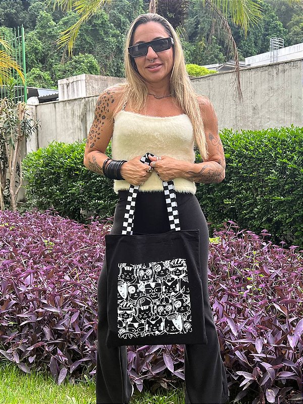 Bolsa Ecobag 100% algodão Black gatos 2.0 (alça xadrez)