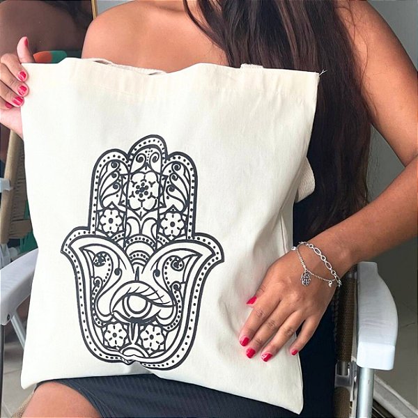 Bolsa Ecobag  100% algodão Estampa Hamsá + Pulseira Hamza