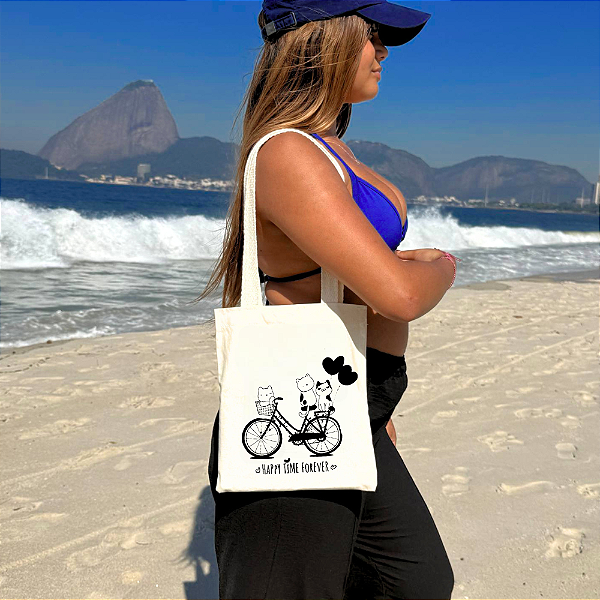 Mini Bolsa Ecobag Feminina 100% Algodão Estampa HAPPY TIME FOREVER Reutilizável Estilosa