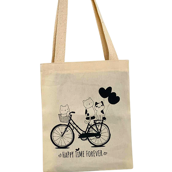 Mini Bolsa Ecobag Feminina 100% Algodão com Estampa  Happy time forever | Sustentável e Estilosa