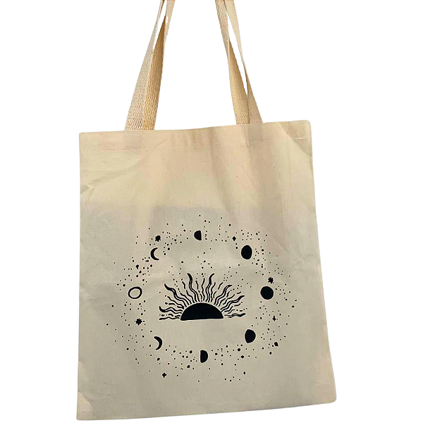 Bolsa Ecobag 100% Algodão Cru Reutilizável | Estampa Fases da Lua Sol Astrológica Mística