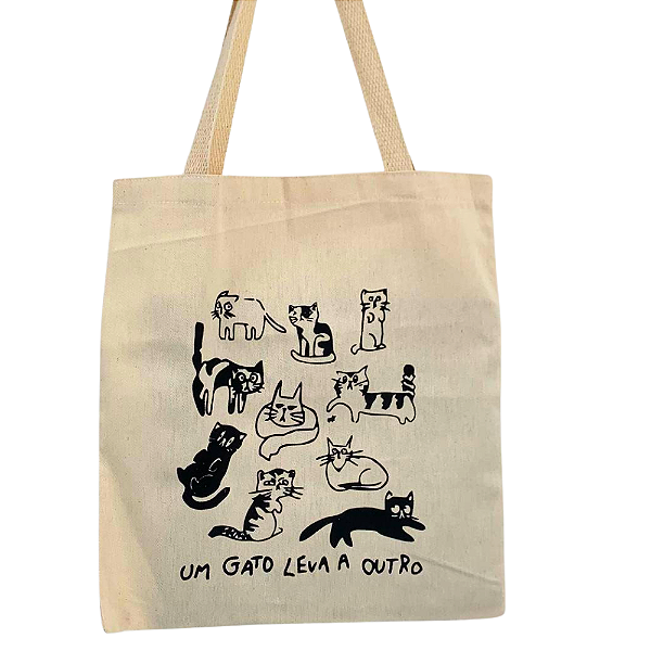 Bolsa Ecobag 100% Algodão Cru Reutilizável | Estampa Gatos Frase Um Gato Leva a Outro