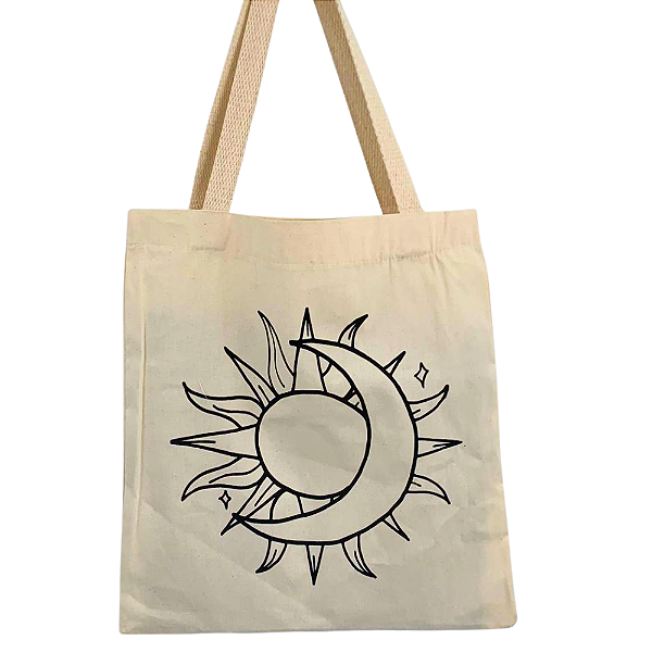 Bolsa Ecobag 100% Algodão Cru Reutilizável | Estampa Sol e Lua Boho Mística