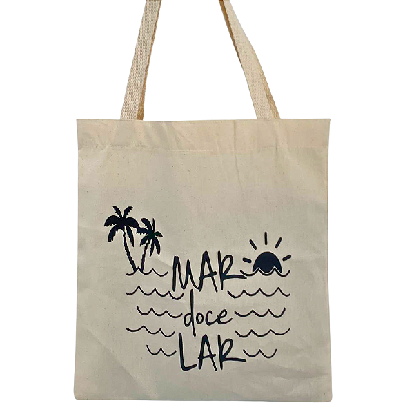 Bolsa Ecobag 100% Algodão Cru Reutilizável | Estampa Mar Doce Lar Praia Verão