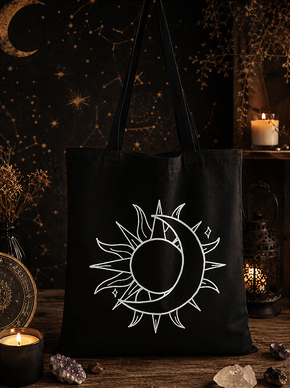 Bolsa Ecobag 100% algodão BLACK Estampa Sol e Lua Boho Mística