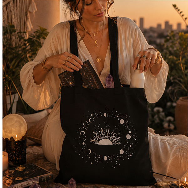 Bolsa Ecobag 100% algodão BLACK Estampa Fases da Lua Sol Astrológica Mística