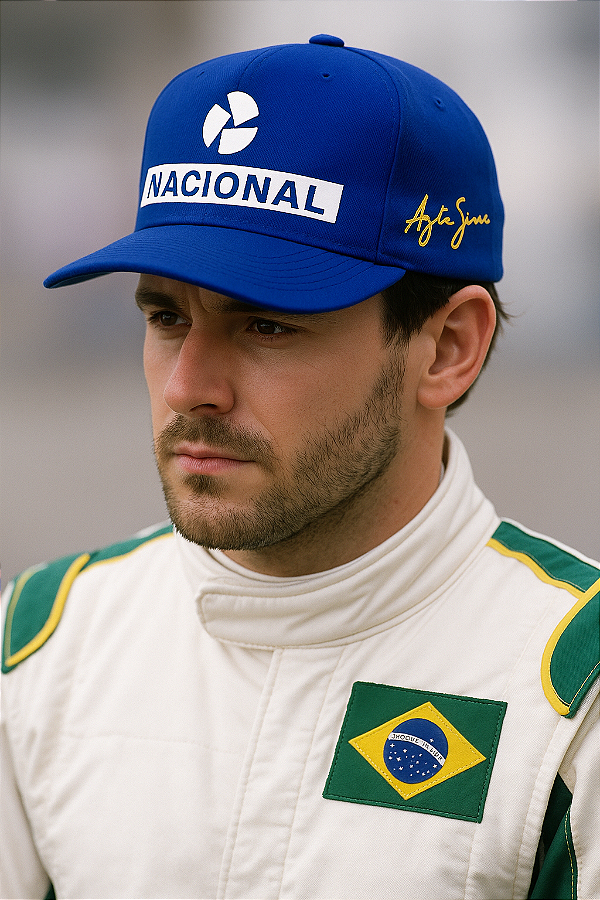 Boné Azul Nacional Sena – Aba Curvada, Ajustável e Estilo Retrô Fórmula 1