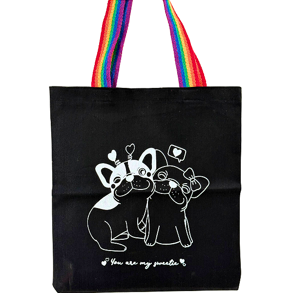 Bolsa Ecobag 100% algodão Black Estampa love dogs (Alça arco-íris)