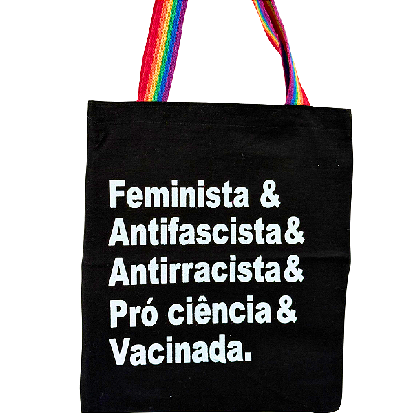 Bolsa Ecobag 100% algodão Black Estampa Feminista (Alça arco-íris)