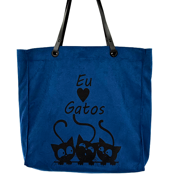 Bolsa Suede Elegante com Alça de Couro - Eu Amo Gatos (Azul)