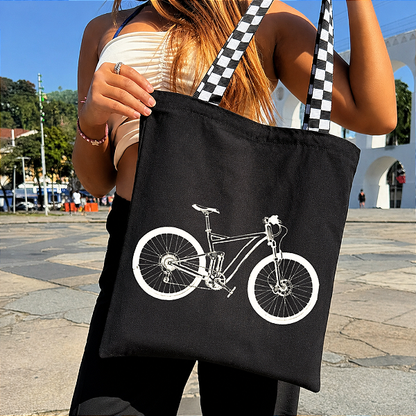 Bolsa Ecobag PRETA 100% Algodão Estampa BICICLETA Alça Xadrez Reutilizável Estilosa