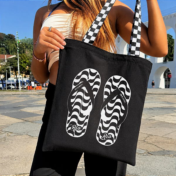 Bolsa Ecobag PRETA 100% Algodão Estampa CHINELO RIO Alça Xadrez Grande Reutilizável Estilosa