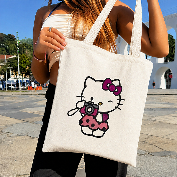 Bolsa Ecobag 100% Algodão Estampa HELLO KIT Pintada à Mão Reutilizável Estilosa