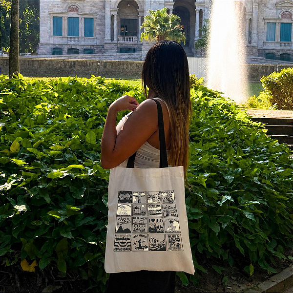 Bolsa Ecobag 100% algodão Estampa Mosaico Carioca (Alça preta)