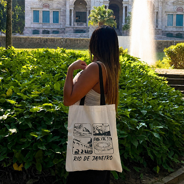 Bolsa Ecobag 100% algodão Estampa Maravilhas do Rio (Alça Preta)