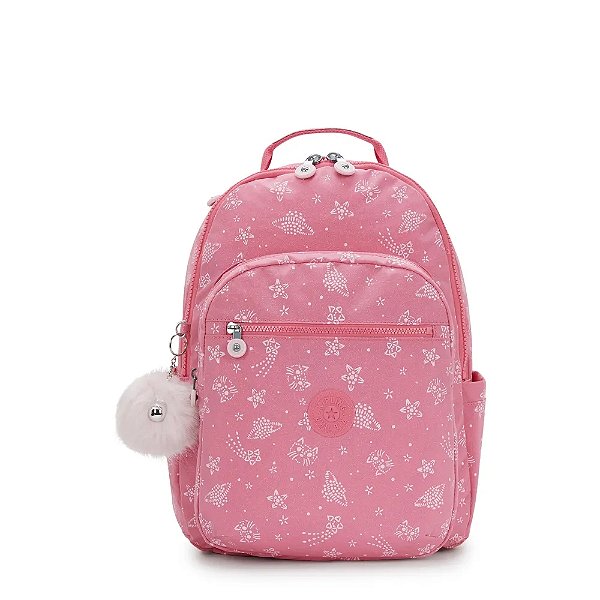 Mochila Kipling Seoul Estampado Glitter Cats Feminino Rosa