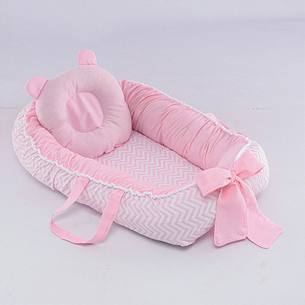 Ninho Para Bebê Redutor De Berço Pompom Chevron Rosa