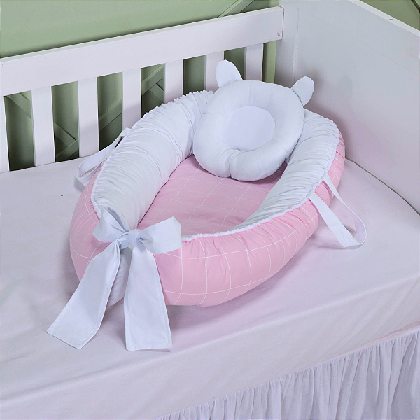Ninho Para Bebê Redutor De Berço Pompom Xadrez Rosa