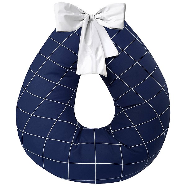 Almofada Amamentação Extra Grande Premium 100% Algodão Xadrez Marinho