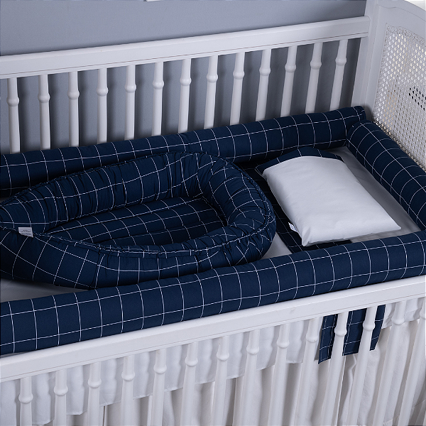 Kit Rolinho de Berço Bebê 100% Algodão Xadrez Marinho