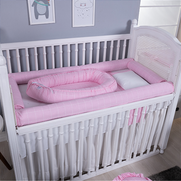 Kit Rolinho de Berço Bebê 100% Algodão Xadrez Rosa