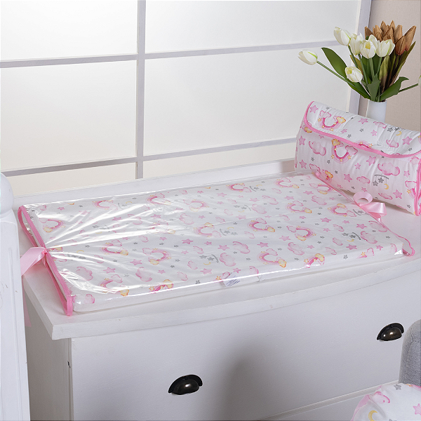 Trocador de Cômoda Plastificada Impermeável com Laço Ceu Rosa