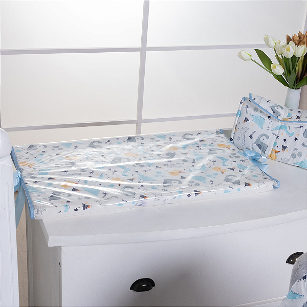 Trocador de Cômoda Plastificada Impermeável com Laço Dino Azul