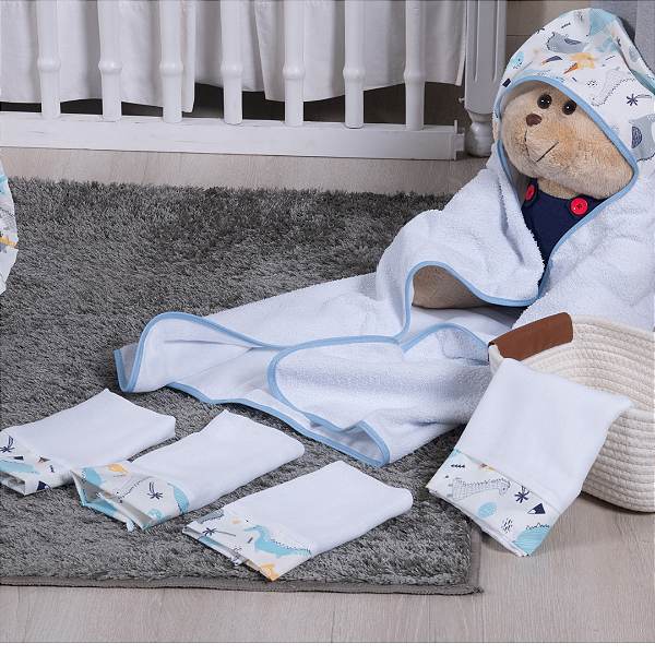Kit 3 Fraldinhas de Boca e Ombro Estampado 100% Algodão Dino Azul