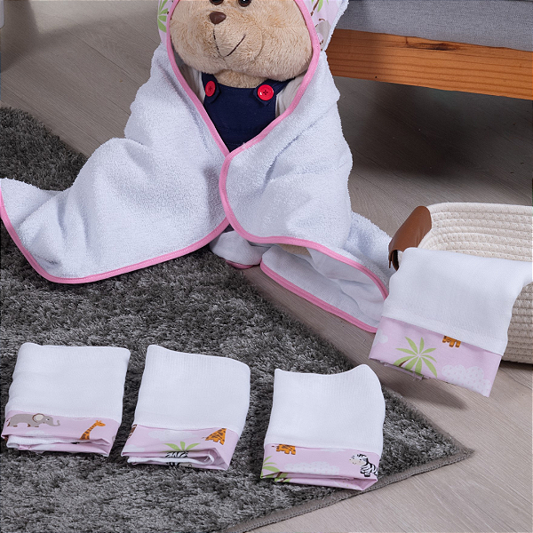 Kit 3 Fraldinhas de Boca e Ombro Estampado 100% Algodão Safari Rosa