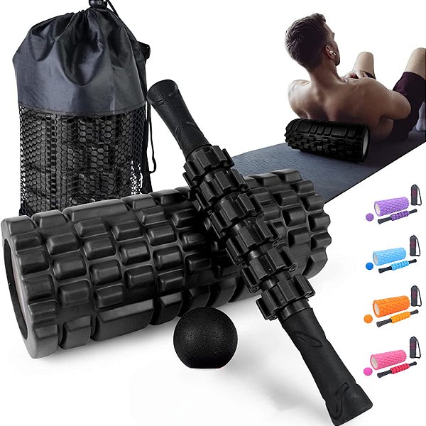 Rolo massagem e bastão para liberação miofascial e bola lacrosse e bolsa
