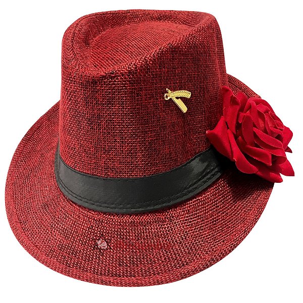Chapeu Maria Navalha Malandra Vermelho com Rosa e Pingente